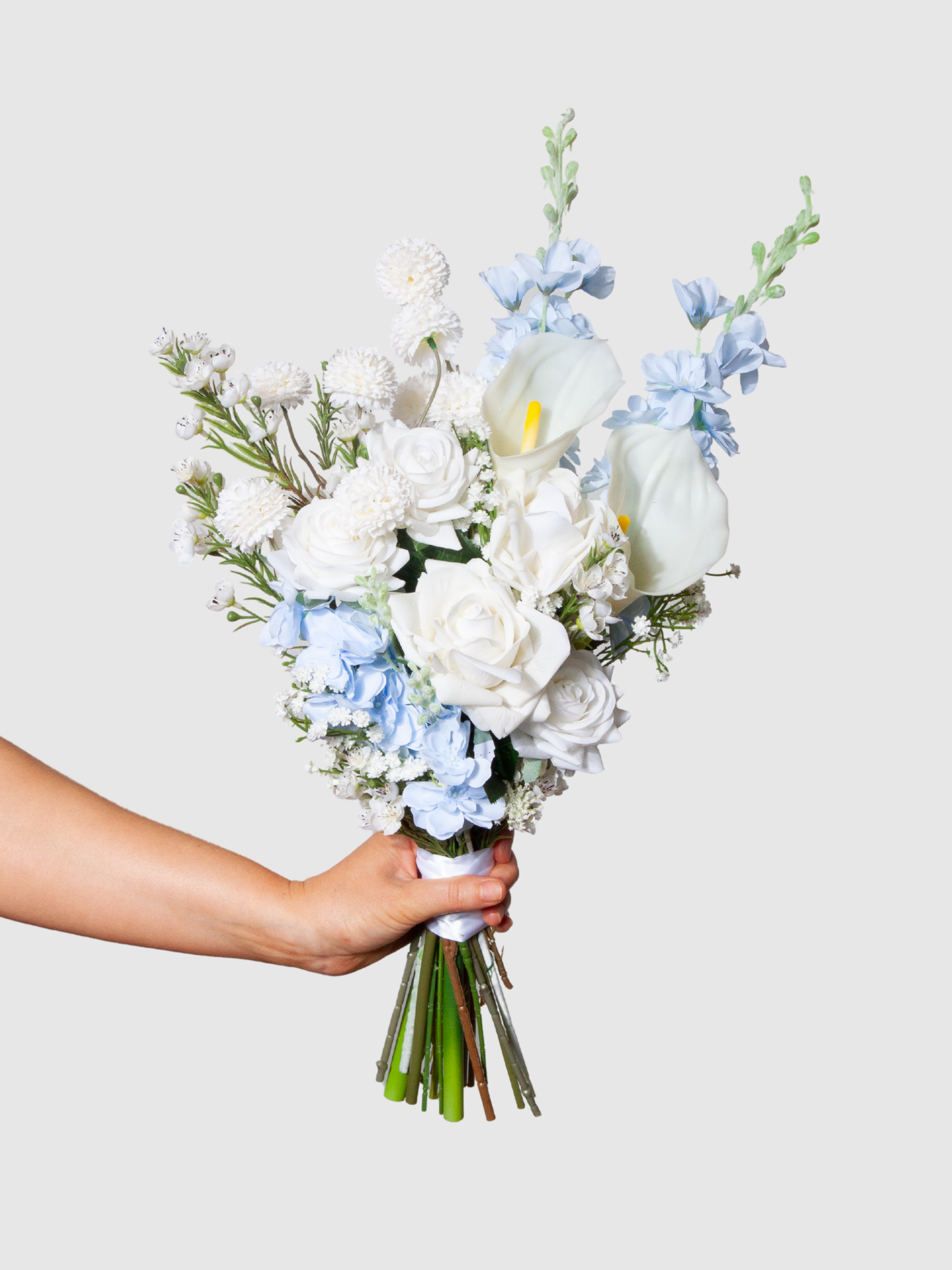 Blue Delphinium & White Rose Wedding Bouquet