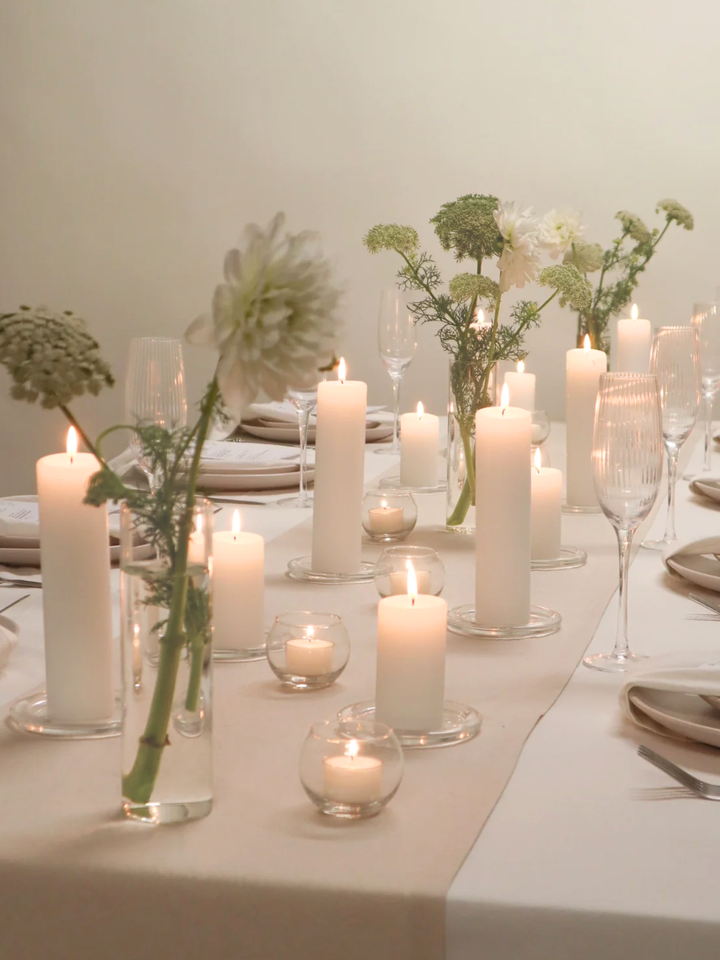 White Event Pillar Candles & Tealights with Holders Wedding Bundle