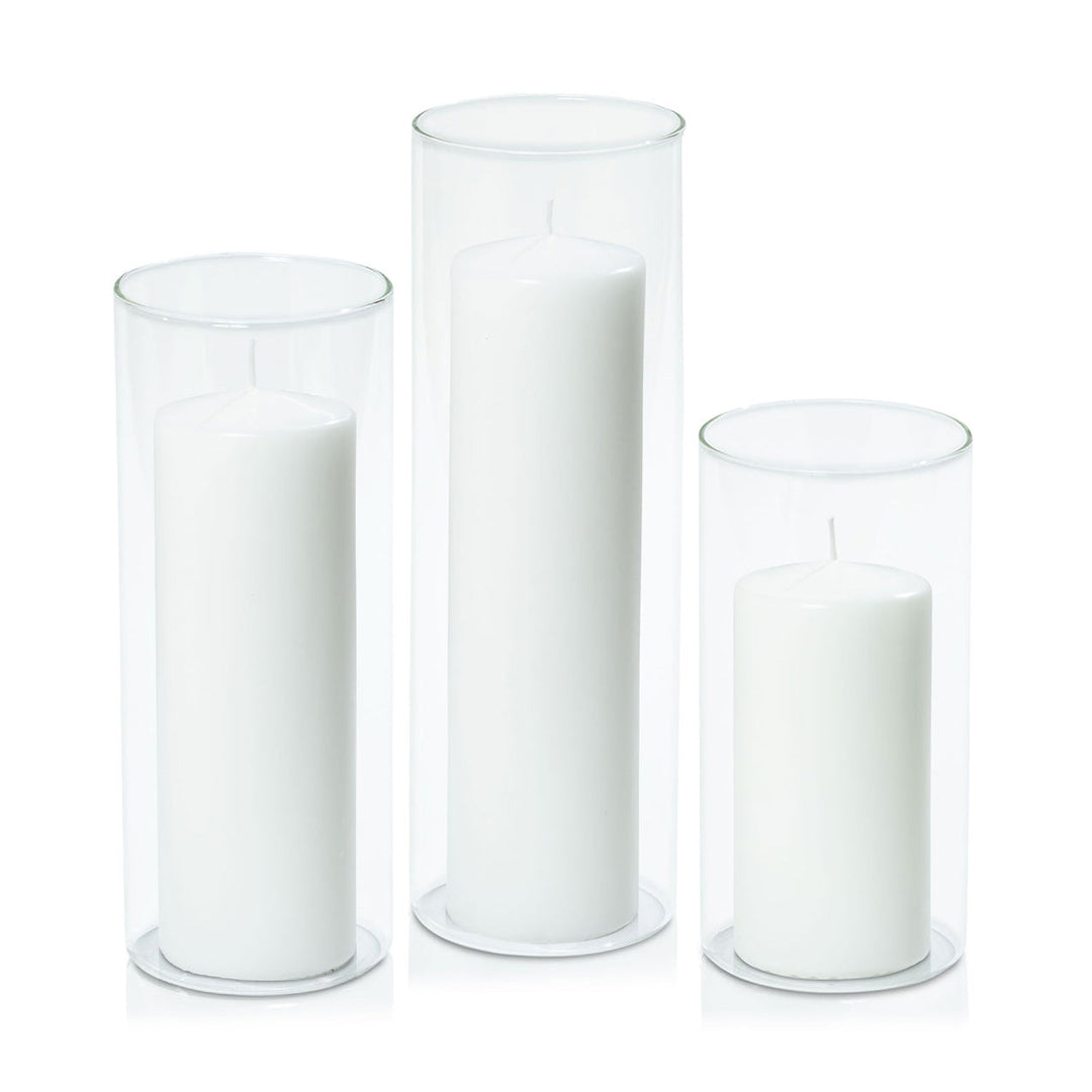 White 7cm Event Pillar in 10cm Glass, Lg - Set of 6