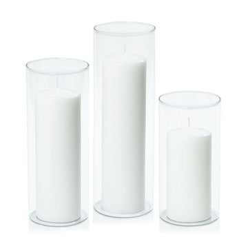 White 7cm Event Pillar in 10cm Glass, Lg - Set of 6