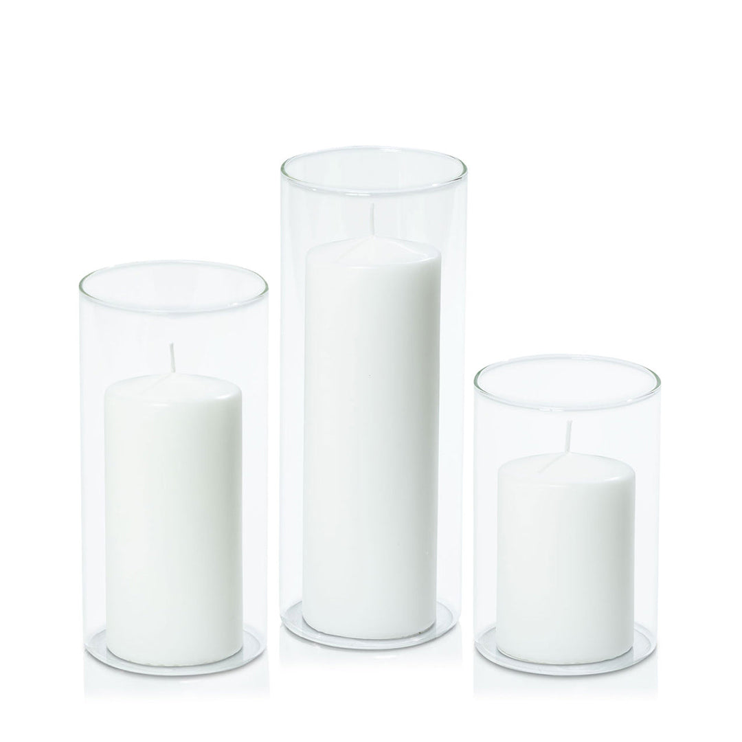 White 7cm Event Pillar in 10cm Glass, Med - Set of 6