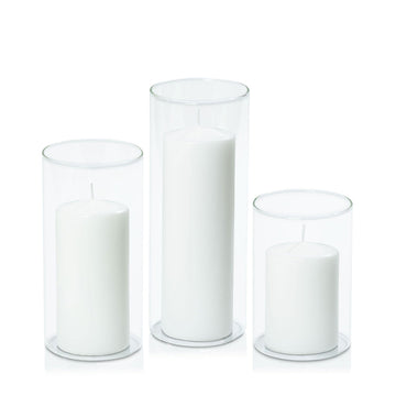 White 7cm Event Pillar in 10cm Glass, Med - Set of 6
