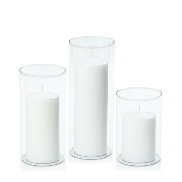 White 7cm Event Pillar in 10cm Glass, Med - Set of 6