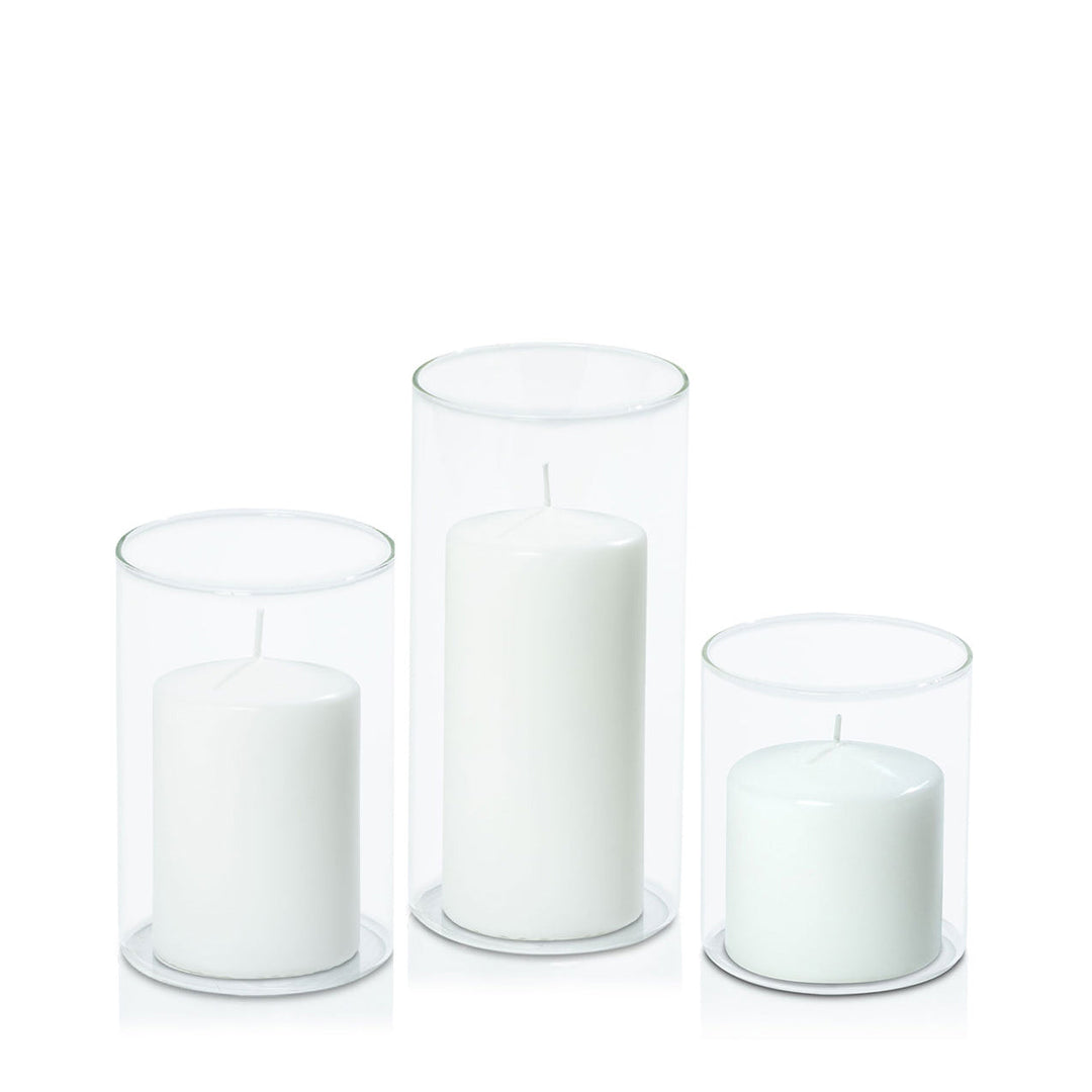 White 7cm Event Pillar in 10cm Glass, Sm - Set of 6
