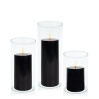 Black 8cm LED Pillar in 10cm Glass Set - Med