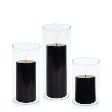 Black 8cm LED Pillar in 10cm Glass, Med - Set of 6