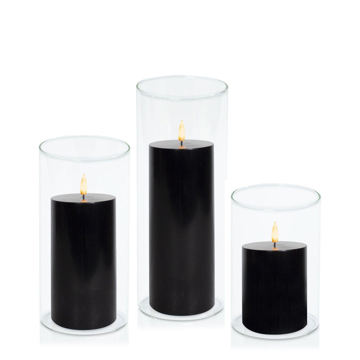 Black 8cm LED Pillar in 10cm Glass, Med - Set of 6
