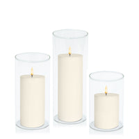 Ivory 8cm LED Pillar in 10cm Glass Set - Med