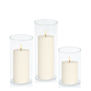 Ivory 8cm LED Pillar in 10cm Glass, Med - Set of 6