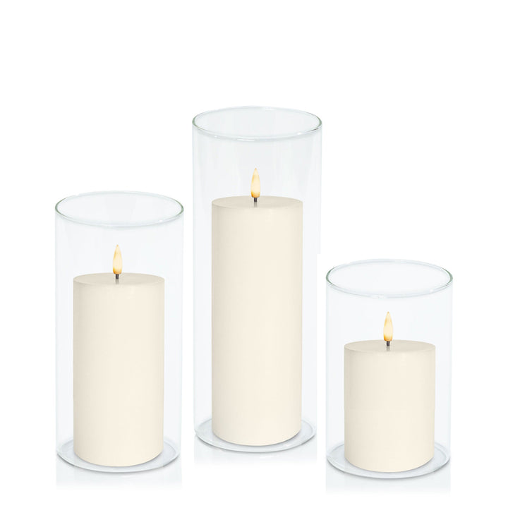 Ivory 8cm LED Pillar in 10cm Glass, Med - Set of 6