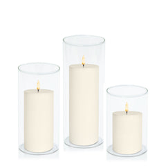 Ivory 8cm LED Pillar in 10cm Glass, Med - Set of 6