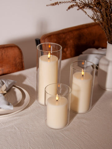 Ivory 8cm LED Pillar in 10cm Glass, Med - Set of 6