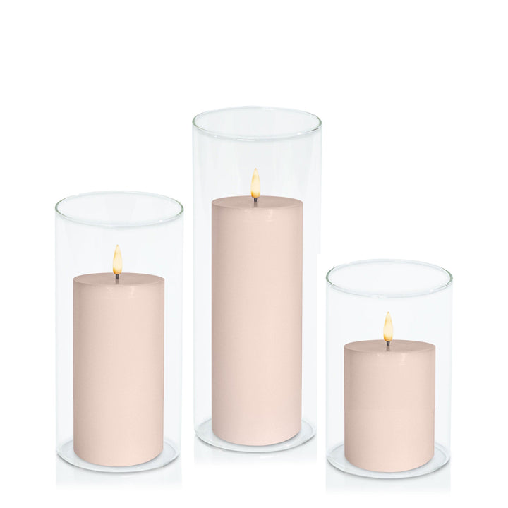 Vintage Rose 8cm LED Pillar in 10cm Glass, Med - Set of 6