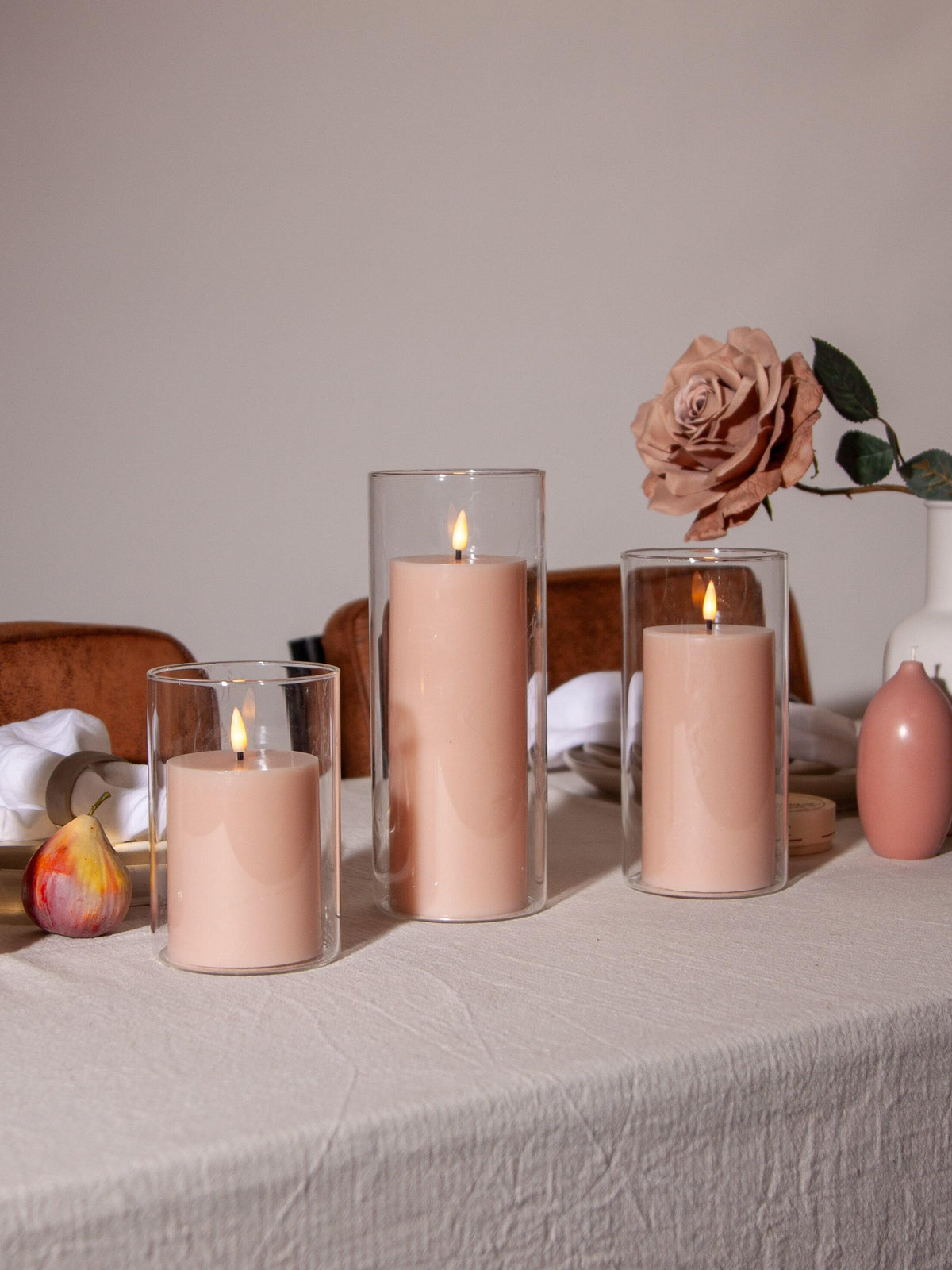 Vintage Rose 8cm LED Pillar in 10cm Glass Set - Med