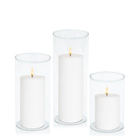 White 8cm LED Pillar in 10cm Glass Set - Med