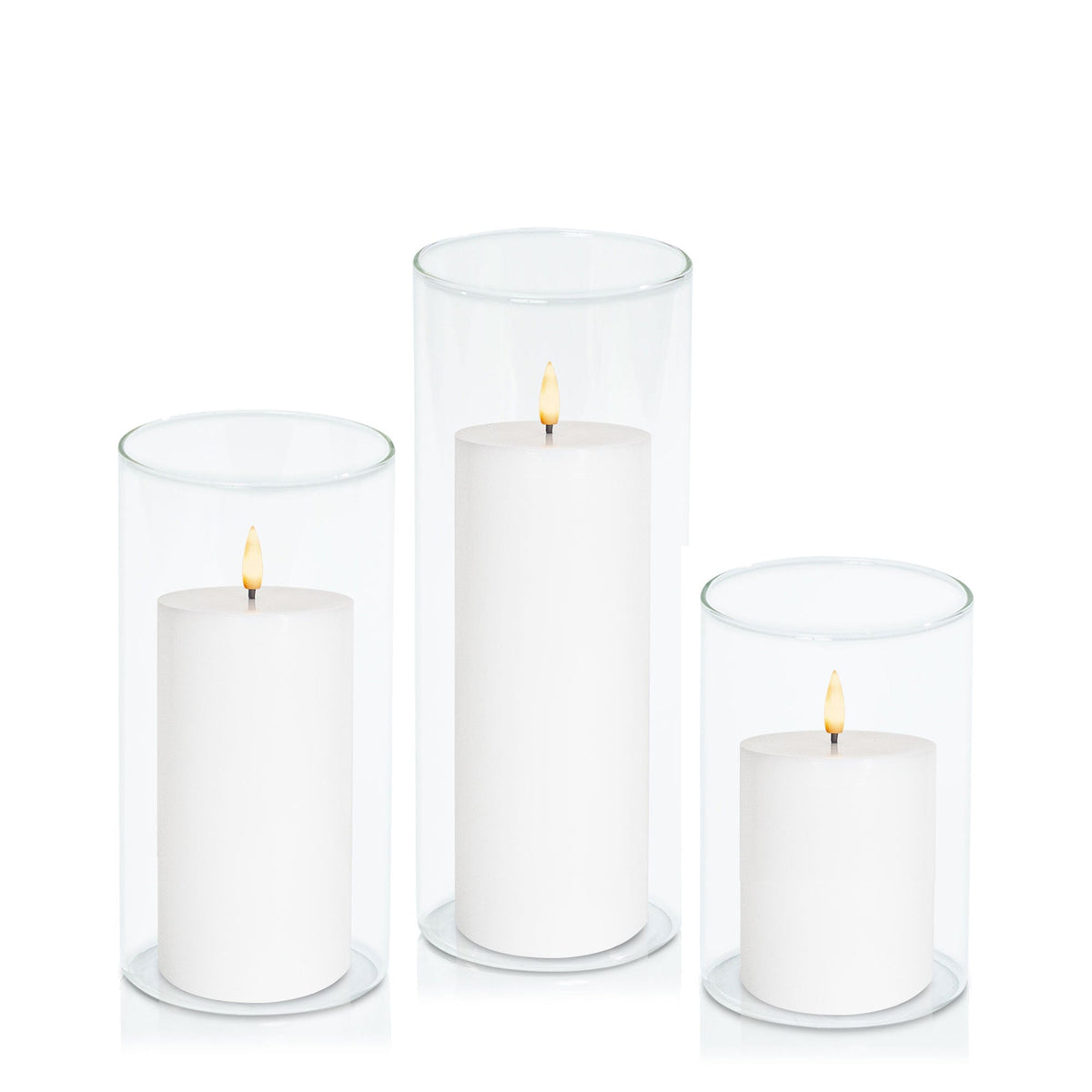 White 8cm LED Pillar in 10cm Glass, Med - Set of 6
