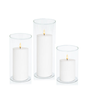 White 8cm LED Pillar in 10cm Glass, Med - Set of 6
