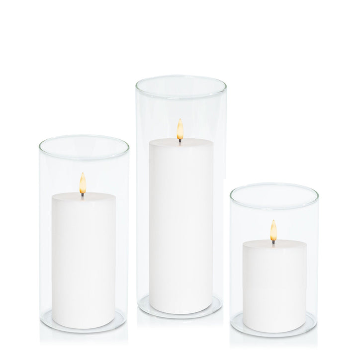 White 8cm LED Pillar in 10cm Glass, Med - Set of 6