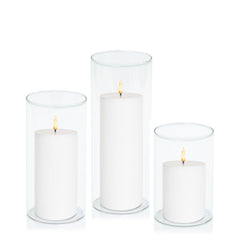White 8cm LED Pillar in 10cm Glass Set - Med Pack of 1