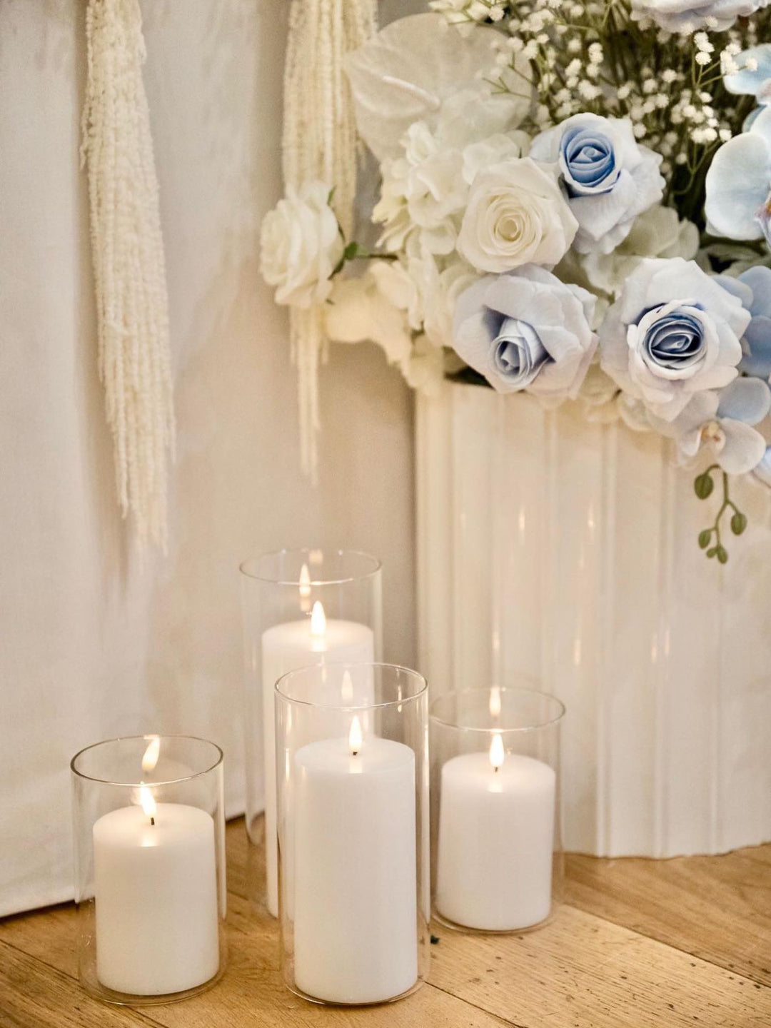 White 8cm LED Pillar in 10cm Glass, Med - Set of 6