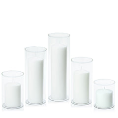 White 7cm Event Pillar in 10cm Glass, Sm - Set of 6