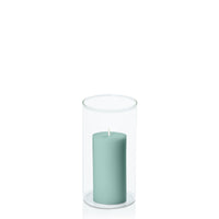 Sage Green 5cm x 10cm Pillar in 8cm x 15cm Glass