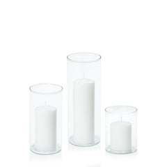 White 5cm Event Pillar in 8cm Glass Set - Sm Pack of 1