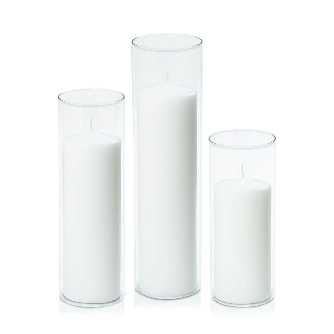 White 7cm Event Pillar in 8cm Glass, Lg - Set of 6