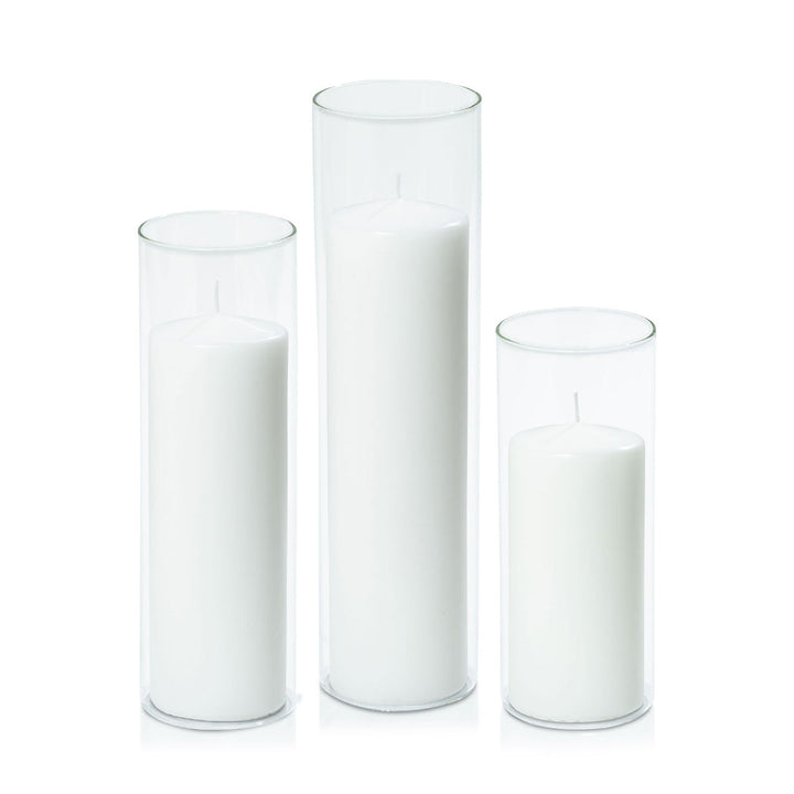 White 7cm Event Pillar in 8cm Glass, Lg - Set of 6