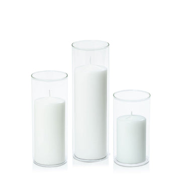 White 7cm Event Pillar in 8cm Glass, Med - Set of 6