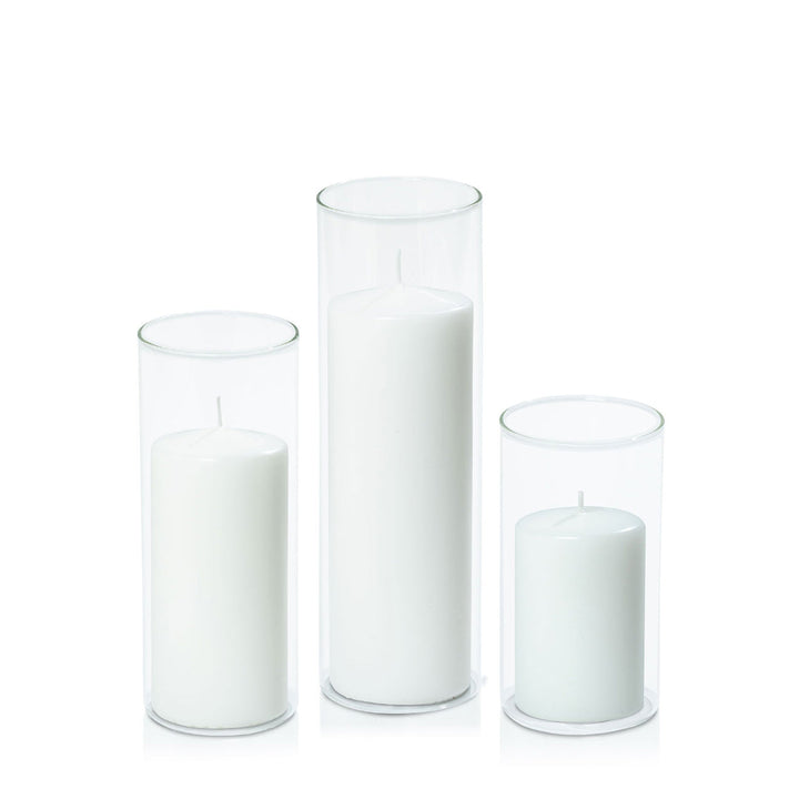 White 7cm Event Pillar in 8cm Glass, Med - Set of 6