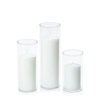 White 7cm Event Pillar in 8cm Glass, Med - Set of 6