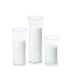 White 7cm Event Pillar in 8cm Glass, Med - Set of 6