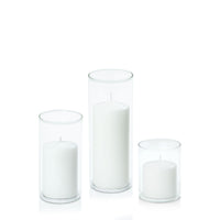 White 7cm Event Pillar in 8cm Glass Set - Sm