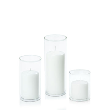 White 7cm Event Pillar in 8cm Glass, Sm - Set of 6