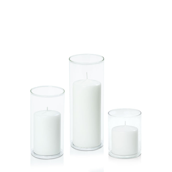 White 7cm Event Pillar in 8cm Glass, Sm - Set of 6