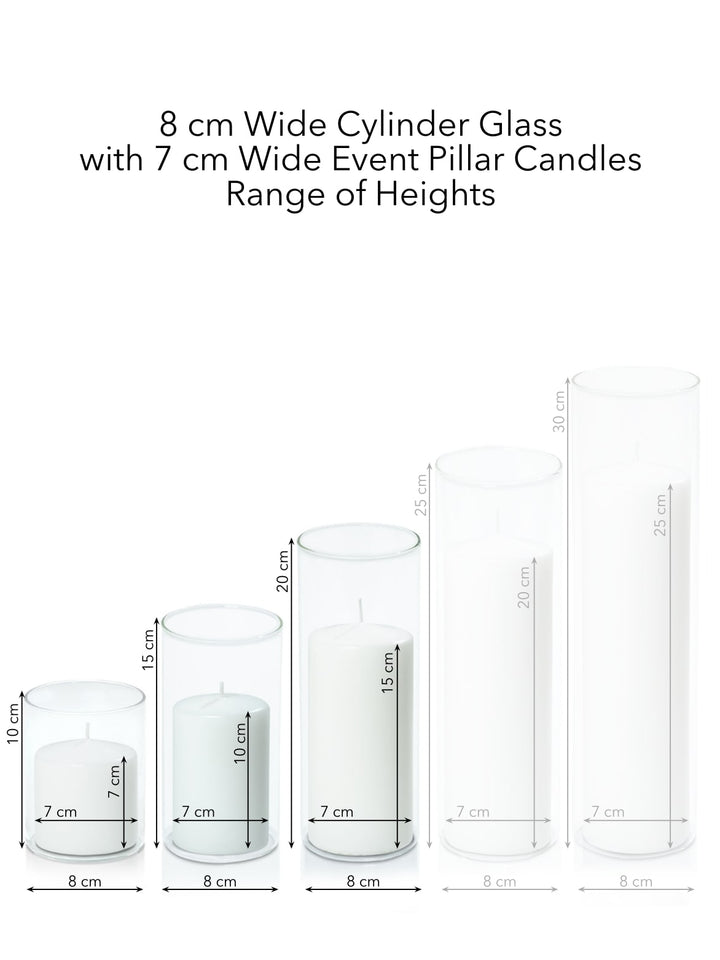 White 7cm Event Pillar in 8cm Glass, Sm - Set of 6