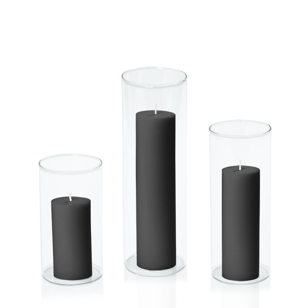 Black 5cm Pillar in 8cm Glass, Med - Set of 6