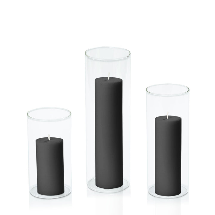 Black 5cm Pillar in 8cm Glass, Med - Set of 6