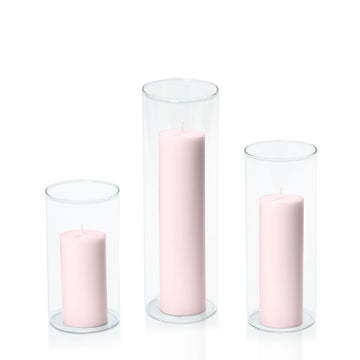Blush Pink 5cm Pillar in 8cm Glass, Med - Set of 6
