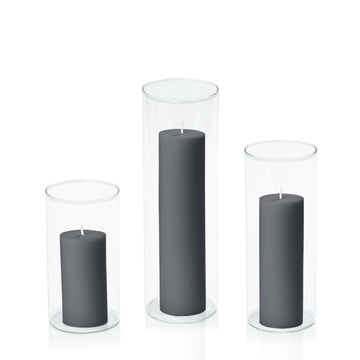 Charcoal 5cm Pillar in 8cm Glass, Med - Set of 6