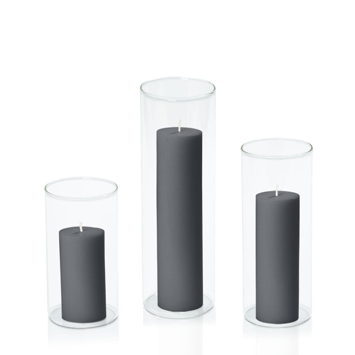 Charcoal 5cm Pillar in 8cm Glass, Med - Set of 6