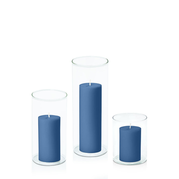 Dusty Blue 5cm Pillar in 8cm Glass, Sm - Set of 6