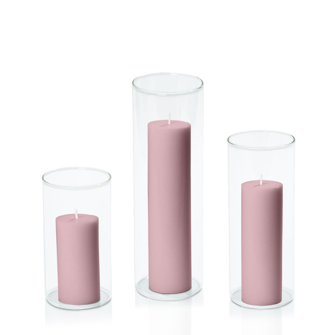 Dusty Pink 5cm Pillar in 8cm Glass, Med - Set of 6