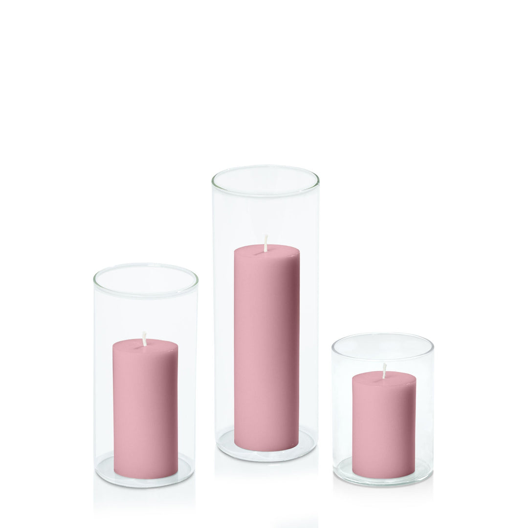 Dusty Pink 5cm Pillar in 8cm Glass, Sm - Set of 6