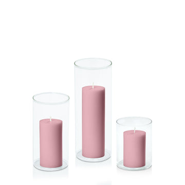 Dusty Pink 5cm Pillar in 8cm Glass, Sm - Set of 6