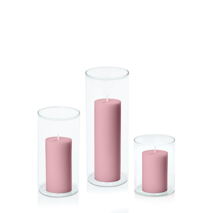 Dusty Pink 5cm Pillar in 8cm Glass, Sm - Set of 6