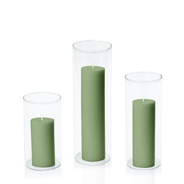 Green 5cm Pillar in 8cm Glass, Med - Set of 6