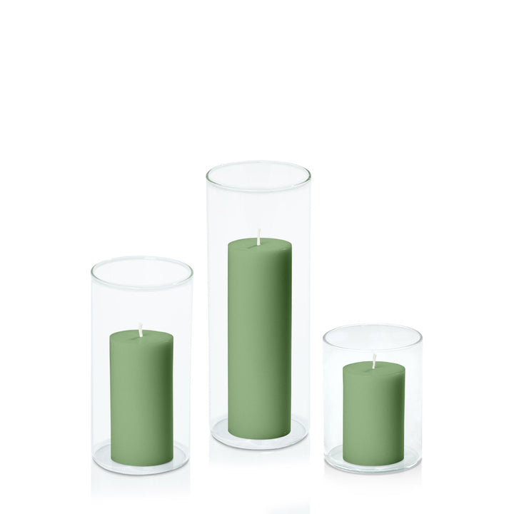 Green 5cm Pillar in 8cm Glass, Sm - Set of 6