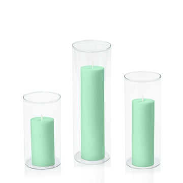 Mint Green 5cm Pillar in 8cm Glass, Med - Set of 6